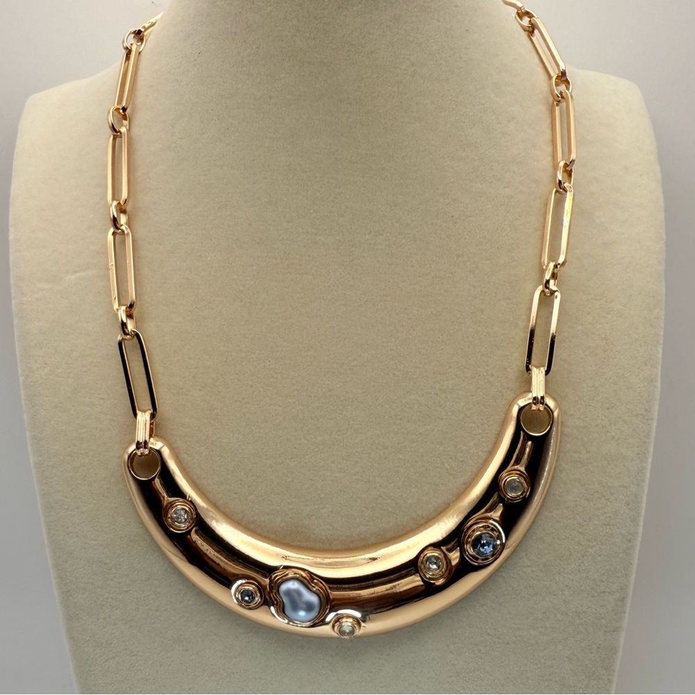 INC NWT Gold-Tone Crystal & Imitation Pearl Collar Necklace Blue Accent Stones